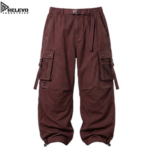 Pantalon cargo en toile épaisse pour homme, marron délavé et bordeaux, coupe ample, taille élastique, ceinture à boucle intégrée, multi-poches tactiques - Product Image 1