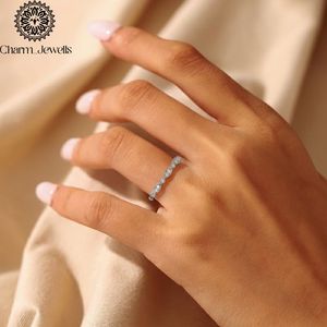 Charm_Jewells Women's <b>Silver</b> Rose Gold Plated Moissanite Classic <b>Eternity</b> Band <b>Ring</b> Prong Setting Engagement <b>Ring</b> - Product Image 5