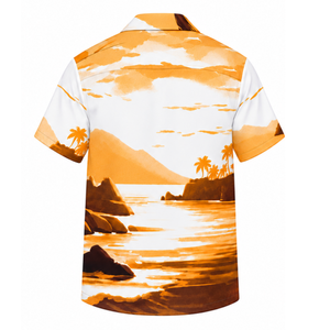 Chemise hawaïenne tropicale pour homme, blanche, dorée et marron, à imprimé paysage de plage, à manches courtes, boutonnée, pour les vacances à la station balnéaire, l'été et les loisirs en camping - Product Image 4