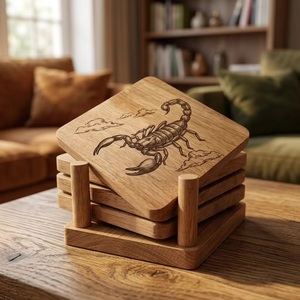 Juego de Posavasos Cuadrados de Madera con Diseño de Elefante, Hechos a Mano, Antideslizantes, Acabado Natural, 10 cm de Diámetro, Modelo C de Uttar Pradesh - Product Image 2