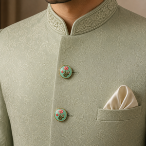 Botones de latón con diseño floral redondo en esmalte verde menta y flor rosa para joyería formal masculina - Product Image 3