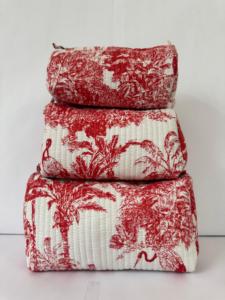 Ensemble de trousses de maquillage en coton faites à la main avec imprimé toile rouge, sac de rangement de voyage matelassé pour cosmétiques - Product Image 1