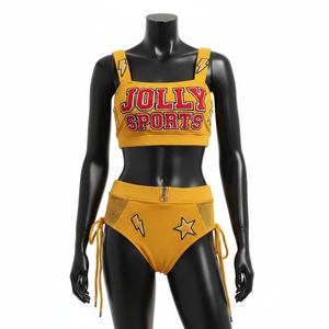 ชุดบิกินี่ผู้หญิง 230 GSM โพลีเอสเตอร์ สแปนเด็กซ์ สีมัสตาร์ด ดีไซน์ตาข่ายปักลาย ปักโลโก้ตามสั่ง ชุดบิกินี่ผู้หญิง - Product Image 1