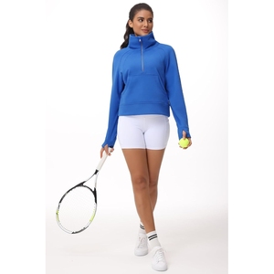 <b>Women's</b> Blue <b>Quarter</b>-<b>Zip</b> Hooded <b>Sweatshirt</b> Full Sleeve Solid Color Knitted Breathable Quick Dry 100% Cotton Winter Casual Sport - Product Image 5