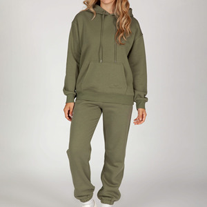 Conjunto Deportivo con Capucha para Mujer, Color Verde Oliva, Sudadera Larga y Pantalones Deportivos, Color Sólido, Corte Holgado Informal, 100% Algodón, Ropa de Otoño - Product Image 1