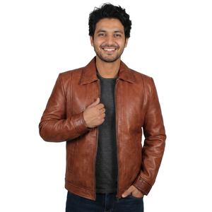 Men's Casual Turn Down Collar Zip up Long Sleeve Brown Color Moto Stylish PU Faux <b>Leather</b> Motorcycle <b>jacket</b> for men - Product Image 1