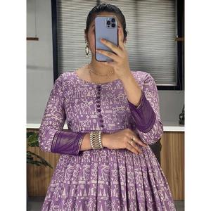 DISEÑADOR ALGODÓN SEDA KALAMKARI ESTAMPADO TRABAJO SOLO VESTIDO MORADO - Product Image 2