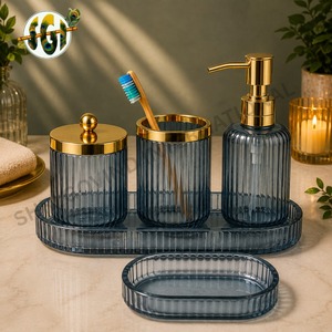 Luxury Five-Piece Ribbed Glass <b>Bathroom</b> <b>Accessories</b> <b>Set</b> Gold Finish Durable Easy Clean Soap Dispenser Toothbrush Holder Storage - Product Image 4