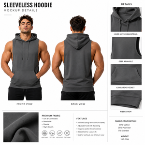 Men's Eco-Friendly 100% Cotton Sleeveless Gym <b>Hoodie</b> Muscle Fit Workout Pullover Athletic Training Hooded Tank Top Kangaroo - Product Image 6
