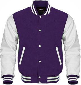 Chaqueta Varsity Morada y Blanca para Hombre OUTFINK, Corte Regular, Cuello Camisero, Cierre de Botón, Exterior de Poliéster y Algodón, Estilo Casual Otoñal - Product Image 1