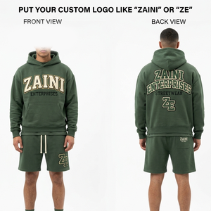 Conjunto de Sudadera con Capucha y Pantalones Cortos de Invierno para Hombre, Estilo Urbano, Poliéster/Algodón, Felpa, 340 GSM, Verde Bosque, Transpirable, Logotipo Frontal Personalizado - Product Image 1