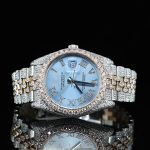 Montre Perpetual pour femme 43 mm, cadran bleu, verre à aiguilles, quartz, lunette sertie de diamants, bracelet en acier inoxydable, luxe et mode - Product Image 1