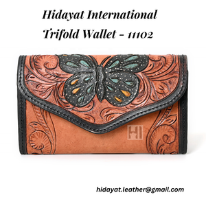 Portefeuille trifold en cuir de vachette de luxe avec blocage RFID, motif floral vintage, fermeture éclair - Product Image 2