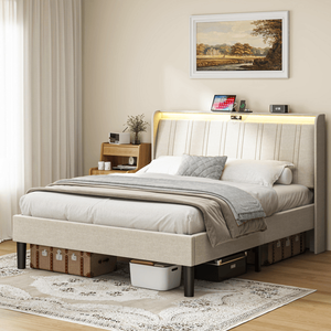Letto matrimoniale moderno con piattaforma, testiera imbottita in tessuto e doghe in legno, supporto morbido per letto king size - Product Image 1
