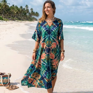Women Beach <b>Kaftan</b> Cover Up Printed Loose Fit <b>Summer</b> Dress Silk Cotton Rayon Polyester Custom Manufacturing Bulk Supply - Product Image 1