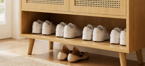 Meuble à chaussures sur mesure au prix d'usine, armoire de rangement moderne en bois avec finition laquée et panneaux en rotin pour appartement et couloir - Product Image 2