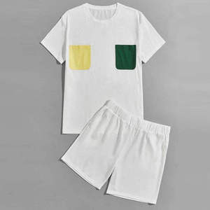 Men's Summer Color Blocking Crew Neck T-Shirt And <b>Shorts</b> Set Quick Dry Knitted Sporty Outfit - Product Image 5