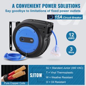 Avvolgicavo Elettrico Retrattile Rinforzato da 24 Metri, Cavo di Alimentazione 12AWG/3C SJTOW, Presa Tripla Illuminata 15 Amp, Materiale ABS, CEE - Product Image 4