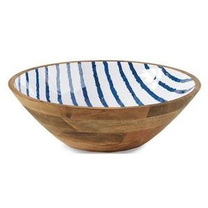 Bol en bois fait main avec motif floral bleu pour servir les aliments, vaisselle décorative de style Japandi - Product Image 3