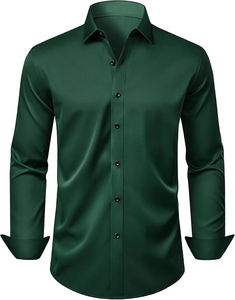 Camisa de Vestir de Manga Larga para Hombre, Color Verde Oscuro Satinado, Cuello Clásico, Tejido Formal, Estilo Otoñal - Product Image 1
