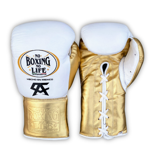 Guantes de Boxeo de Cuero Vacuno Genuino Personalizados de Primera Calidad, Color Blanco Dorado, Dedos Completos, Correa de Muñeca Ajustable con Gancho y Bucle - Product Image 1