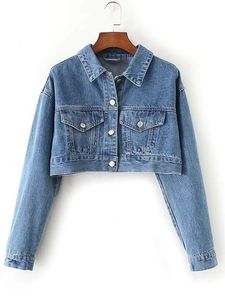 <b>Cropped</b> <b>Denim</b> <b>Jacket</b> Women Button Front Pockets Faux Shearling Lined Winter Casual Coat Long Sleeve Solid Color Contrast Design - Product Image 5