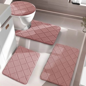 Pink Quilted Bath Mat Set 3-Piece Rectangle Non-Slip Rubber Backing Modern Home Use - Product Image 1