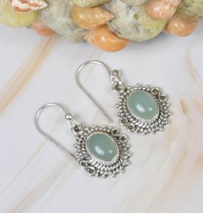 Pendientes de Calcedonia Aqua Natural al por Mayor, Plata de Ley 925, Hechos a Mano, Pendientes Colgantes Ovalados de Calcedonia Aqua - Product Image 3