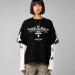 Camiseta de Mujer con Mangas en Contraste Negras, Estampado Gráfico, Estilo Urbano Holgado, Uso Diario Informal, 100% Algodón, Corte Holgado, Tejido Jersey - Product Image 2