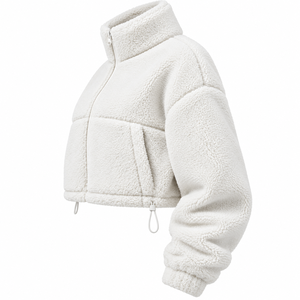 <b>Beige</b> Cropped Sherpa Fleece Zip-Up <b>Jacket</b> with Stand Collar Pockets Unisex Oversized Casual Winter Wear OEM Service 100% Cotton - Product Image 5