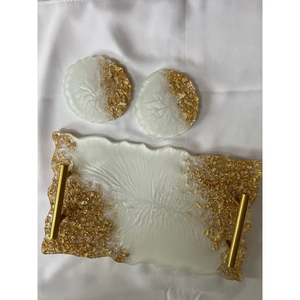 <b>Black</b> & White Marble Pattern Epoxy Resin Tray With Gold Handles Custom Gold Foil Embedded Decorative <b>Vanity</b> Tray For Home Hotels - Product Image 2
