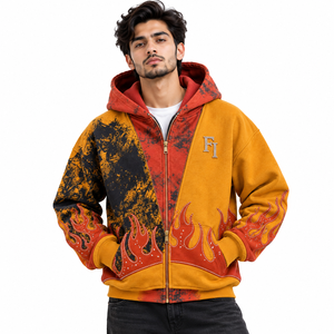 Double Layer <b>Hoodies</b> <b>Orange</b> Yellow Zip Up Fleece Embroidery Rhinestone Streetwear Jacket Custom Logo Men OEM Private Label USA - Product Image 1