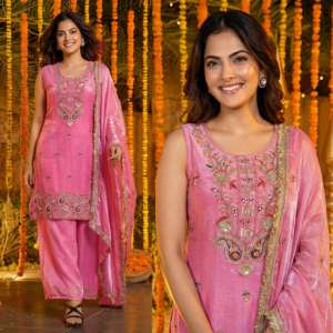 Conjunto de 3 Piezas de Seda de Diseñador Más Vendido con Bordado de Cuentas y Lentejuelas para Uso Casual o para Fiestas de Oficina - Product Image 2