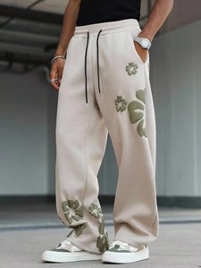 Premium Beige <b>Oversized</b> Wide Leg <b>Jogger</b> Trousers Men Washed Loose Fit Streetwear Pants 3D Floral Applique Elastic Waist - Product Image 6