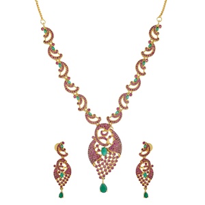 RAY FINE ORNATES Gold Plated Indian Bridal Wedding Statement <b>Necklace</b> with <b>Ruby</b> CZ Vintage Hook Shape Imitation Jewelry Sets - Product Image 3
