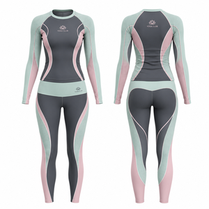 Yoga Club Women's 2 Piece Crew Neck <b>Crop</b> <b>Top</b> Yoga Set Teal Pink Gray Color Blocking Breathable Spandex <b>Mesh</b> Elastic Waist - Product Image 1