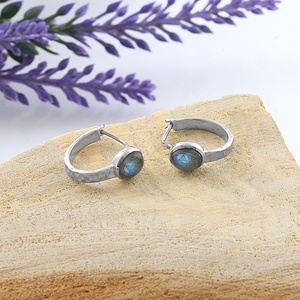Natural Labradorite <b>Huggie</b> Hoop <b>Earrings</b> Gemstone Hammered <b>Sterling</b> <b>Silver</b> Bohemian Wholesale Jewelry Supplier - Product Image 4