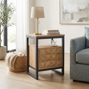 Dice <b>Side</b> Table Modern Industrial Solid Wood Nightstand With 3D Geometric Carved Drawers And <b>Black</b> Metal Frame Bedside Furniture - Product Image 5