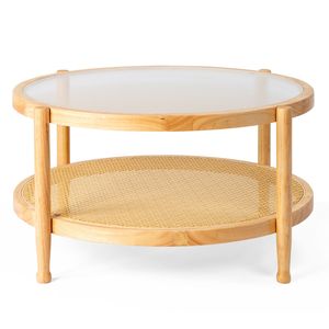 Tavolino da Caffè in Rattan Fatto a Mano Stile Boho 31,5 Pollici con Piano in Vetro per Soggiorno, Balcone, Patio o Camera da Letto - Product Image 1