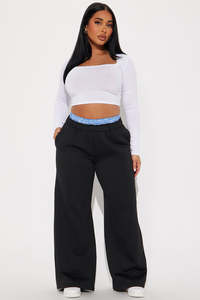 Pantalon de détente unisexe noir à jambe large avec taille contrastante en gingham, en maille décontractée, OEM, marque privée, pour hommes - Product Image 5