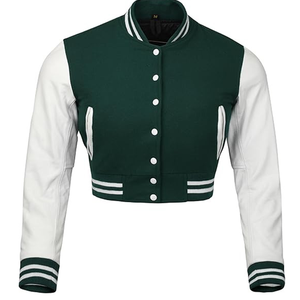 เสื้อแจ็คเก็ตวาร์ซิตี้แบบครอปสำหรับผู้หญิง ปักโลโก้ คุณภาพสูง ทำจากผ้าขนสัตว์และหนัง  แบบเบสบอล - Product Image 5