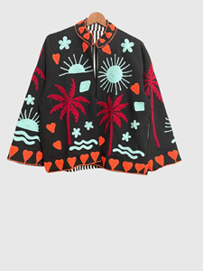 Veste noire à col mandarin brodée à la main avec motif palmier, manches chauve-souris, grande taille, pour femme, tenue d'été - Product Image 1