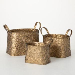 Ensemble de jardinières en métal antique pewter avec motif circulaire et poignées pour la décoration intérieure, jardinière à poser au sol pour jardin et pelouse - Product Image 3