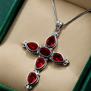 Antique Argent Vintage Rouge Grenat Croix Pendentif Collier À La Main Spirituel Religieux Bijoux Lunette De Mode Pendentifs Charmes - Product Image 4