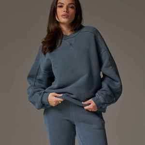 Sweat-shirt oversize à col rond pour femme, couleur unie, en coton tricoté, manches longues, épaules tombantes, pour l'automne - Product Image 1
