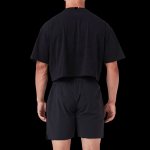 High Quality Custom Boxy Cropped T-<b>Shirt</b> for <b>Men</b> Short Sleeve Cotton Plain <b>Black</b> Knitted Fabric Cut and Sew Blank Design - Product Image 3