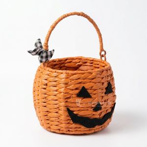 Panier de rangement d'Halloween en forme de citrouille, bol à bonbons tressé à la main, organisateur rond tissé, décoration d'intérieur orange - Product Image 1
