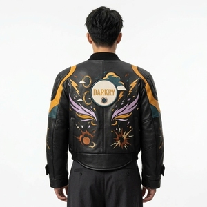 Chaqueta Bomber de Cuero Genuino para Hombre con Bordado a Mano y Patrones Coloridos, Cuello Camisero, Cierre de Cremallera, Estilo Otoñal - Product Image 2