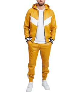 Ensemble de survêtement pour homme en cuir jaune premium avec design à rayures blanches contrastées et pantalon de jogging fuselé - Product Image 3