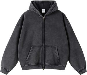 เสื้อฮู้ดดี้โอเวอร์ไซส์สไตล์วินเทจสำหรับผู้ชาย ผ้าทอเนื้อนุ่ม ซิปหน้า แขนยาว มีกระเป๋า ล้างสีแบบแอซิดวอช สตรีทแวร์ แจ็คเก็ตผ้าฟลีซ - Product Image 1